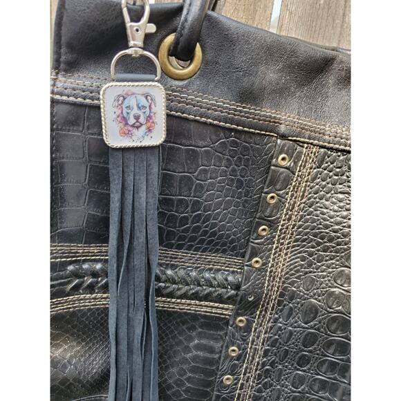 Handmade pitbull boho Leather Fringe Western bag charm, Long fringe keychain - Picture 3 of 4